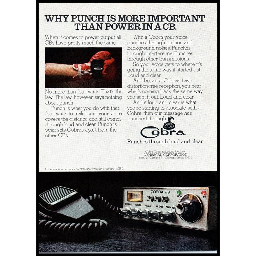 1976 Cobra 29 CB Radio Vintage Print Ad 70s Tech Trucker Boxing Glove Wall Art